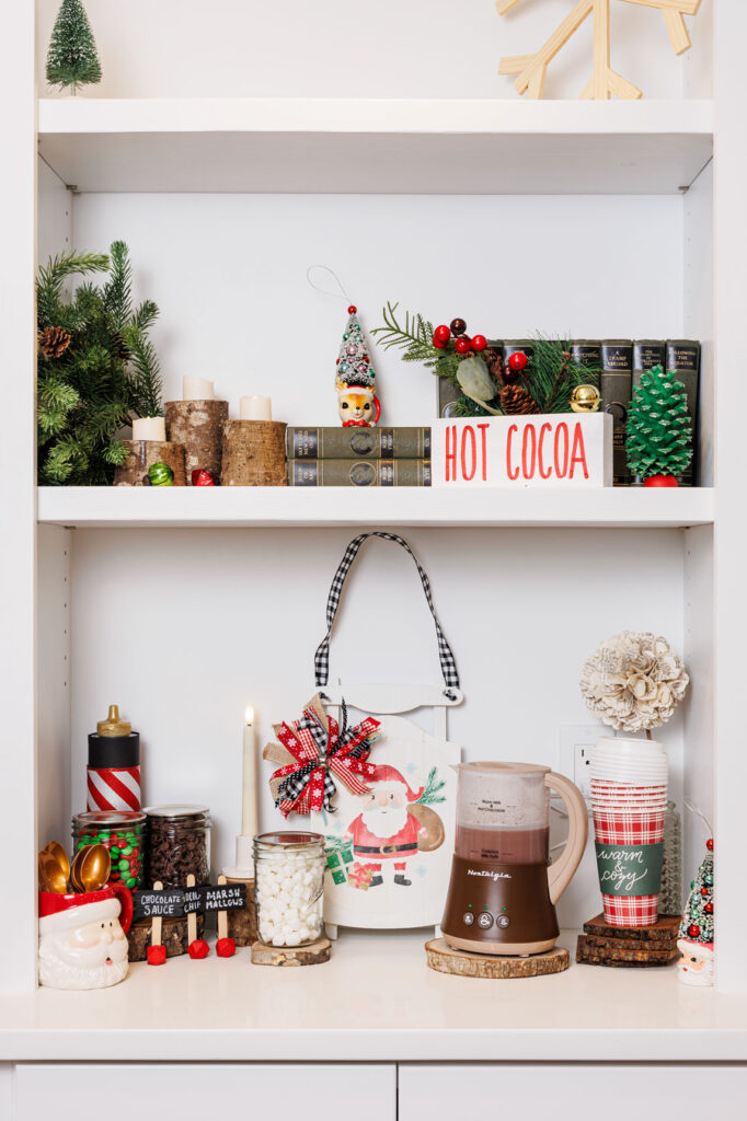 hot chocolate bar on shelves next to the fireplace