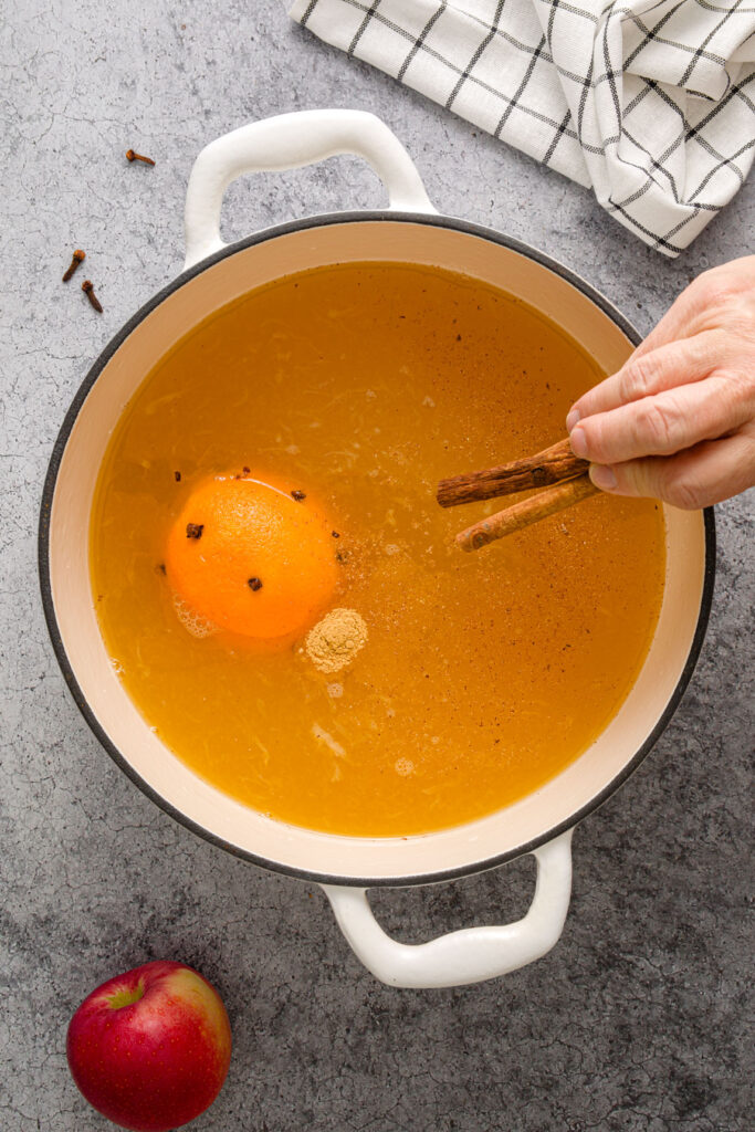 Drop cinnamon sticks into the pot with juices, spices and apple cider
