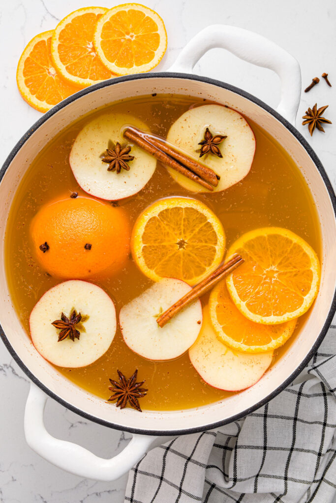 Wassail in a Dutch oven pot on a table