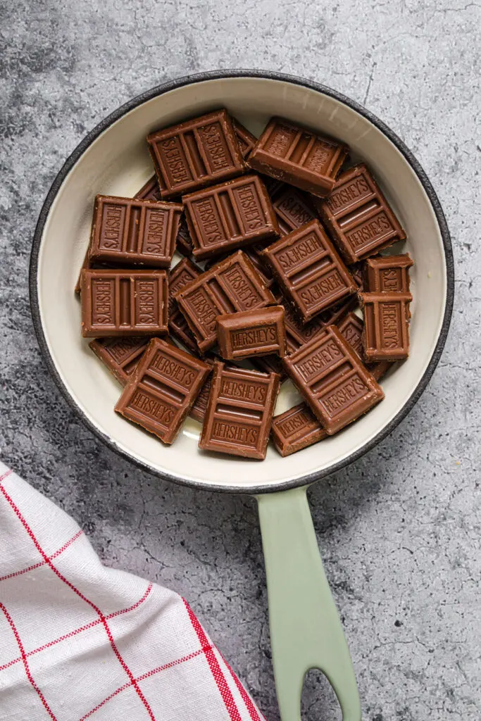 chocolate candy bars in a skillet