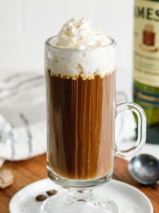 A cup of Irish Coffee garnished with nutmeg