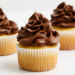 Yellow cupcakes with chocolate buttercream frosting on a counter