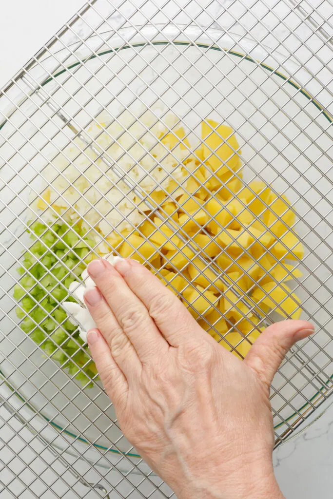 Diced eggs with a cooling rack