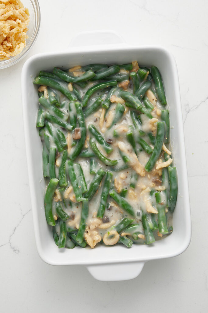 Casserole mixture in baking dish