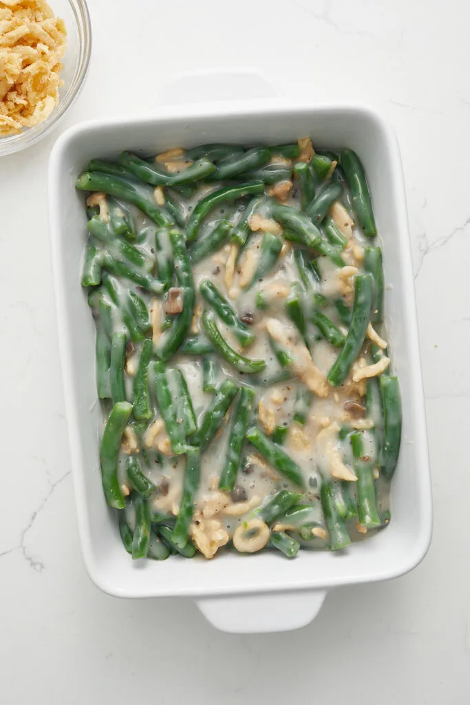 Casserole mixture in baking dish