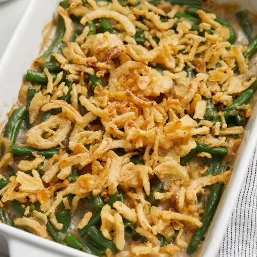 Baked green bean casserole ready to serve
