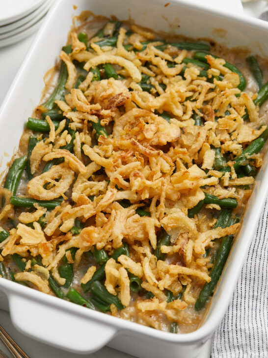 Baked green bean casserole ready to serve