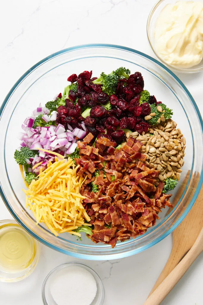salad ingredients in a large mixing bowl