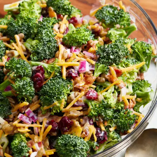 broccoli salad in a large mixing bowl