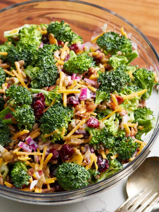 broccoli salad in a large mixing bowl