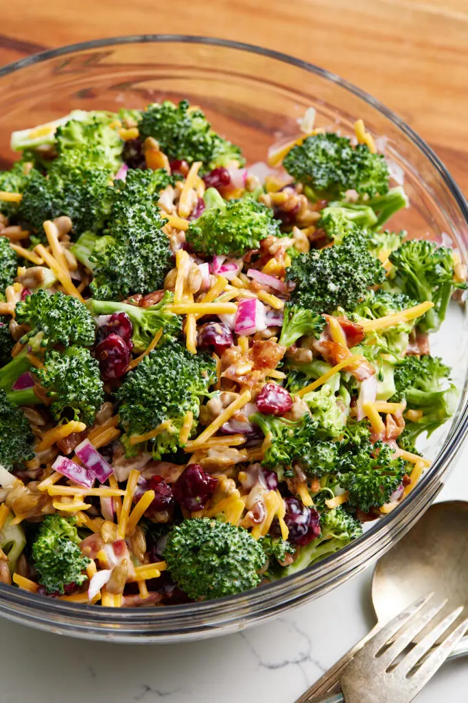 broccoli salad in a large mixing bowl