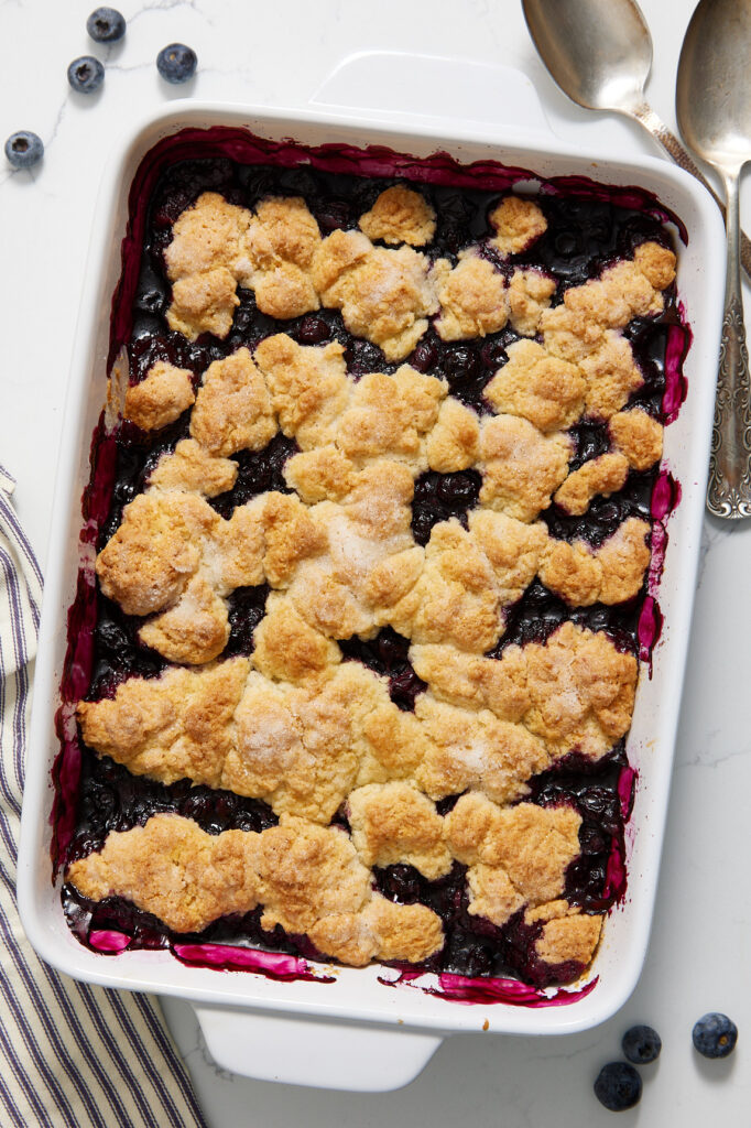 blueberry cobbler in a casserole dish