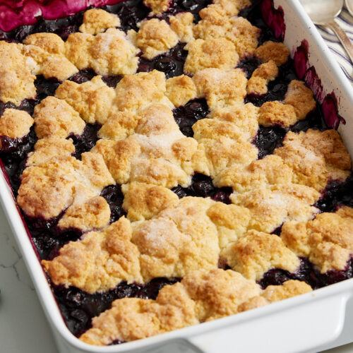 Baked blueberry cobbler in a casserole dish