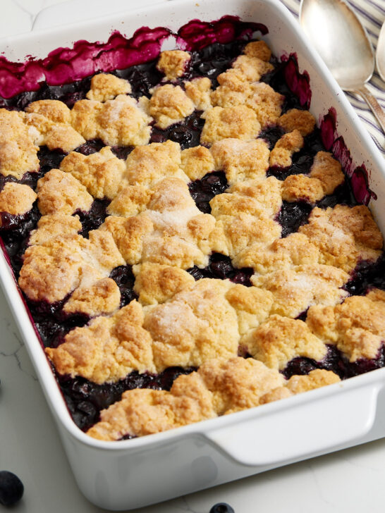 Baked blueberry cobbler in a casserole dish