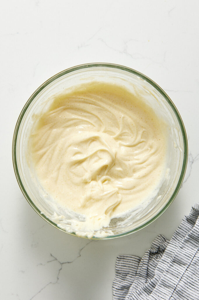 Macaroni salad dressing in a bowl