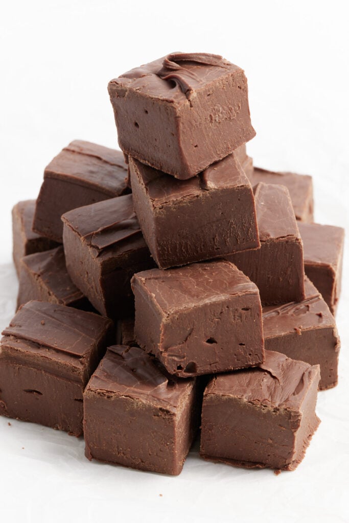 cubes of cut fudge stacked up